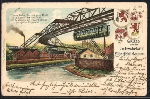 Lithographie Elberfeld-Barmen, Schwebebahn über der Wupper, Industriegebäude