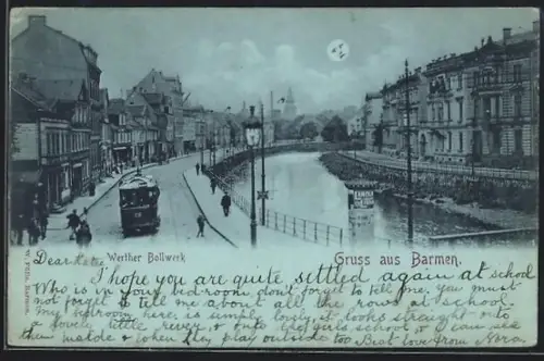 Mondschein-AK Barmen, Werther Bollwerk, Strassenbahn, Flussufer