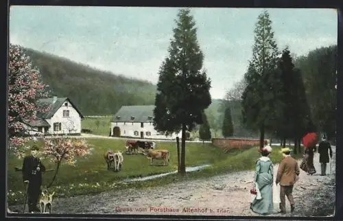 AK Trier, Forsthaus Altenhof mit Spaziergängern