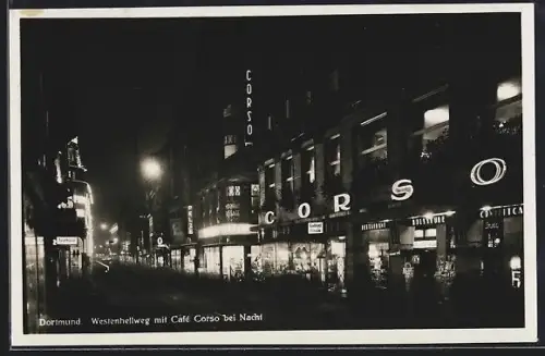 AK Dortmund, Westenhellweg mit Café Corso bei Nacht