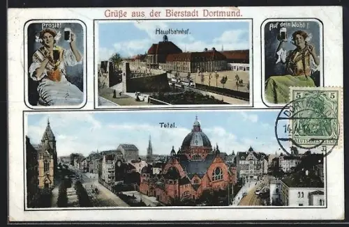 AK Dortmund, Synagoge, Hauptbahnhof, Totalansicht