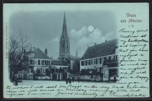 Mondschein-AK Münster i. W., Blick auf den Domplatz und St.-Paulus-DomStrassenpartie mit Geschäft