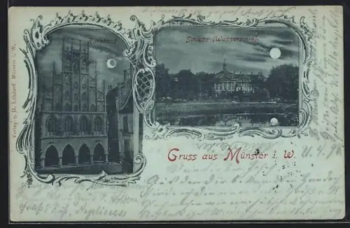 Mondschein-AK Münster i. W., Rathaus, Schloss
