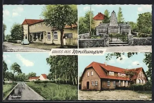AK Nordkampen, Gasthaus Joh. Meyer, Ehrenmal, Schule, Ortsansicht