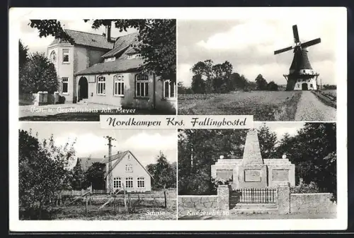 AK Nordkampen /Fallingbostel, Gasthaus Joh. Meyer, Schule, Kriegerdenkmal, Windmühle