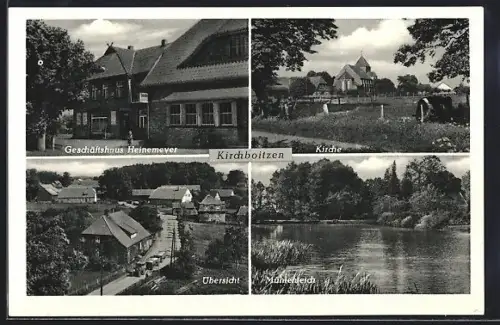 AK Kirchboitzen, Geschäftshaus Heinemeyer, Kirche, Mühlenteich