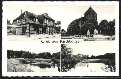 AK Kirchboitzen, Kirche, Kaufhaus J. Wunsch, Kirche, Badeanstalt