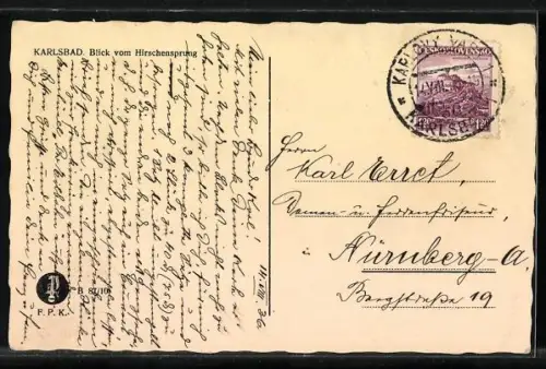 AK Karlsbad, Blick vom Cafe Hirschensprung auf den Ort