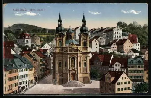 AK Karlsbad, Katholische Kirche mit Ortsansicht aus der Vogelschau