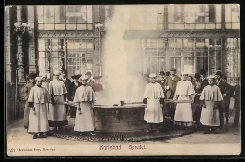 AK Karlsbad, Sprudel mit Personal und Kurgästen