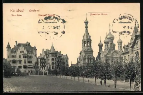 AK Karlsbad, Westend, Villa Ritter, Evengelisches Hospiz und Russische Kirche