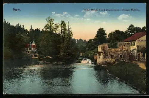 AK Eger, Insel Mühlerl und Überreste der Steiner Mühlen