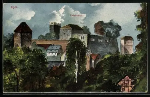 AK Eger, Ortsansicht mit der Kaiserburg