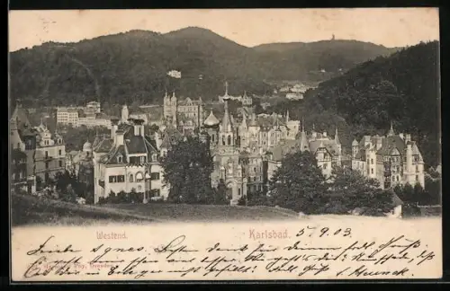 AK Karlsbad, Westend, Panorama mit Kirche