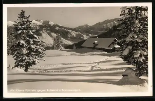 AK Schliersee, Gasthof Obere Fürstalm, Blick auf Rotwand und Sonnwendjoch