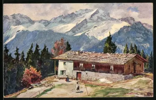 Künstler-AK Graseck b. Partenkirchen, Haus vor Alpenpanorama