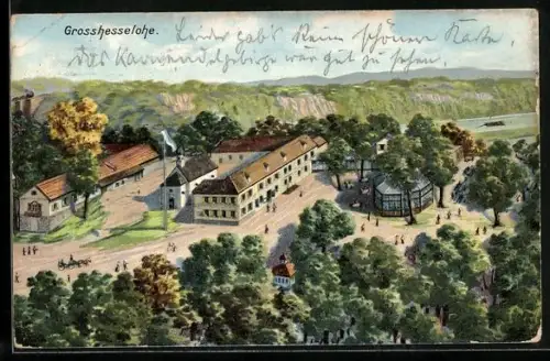 AK Grosshesselohe, Ortsansicht mit Gasthaus und Pavillon