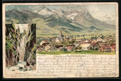 Lithographie Partenkirchen, Ortsansicht mit Kirche, Partnachklamm