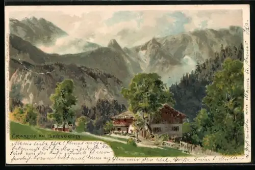Lithographie Graseck bei Partenkirchen, Gebirgslandschaft mit Haus