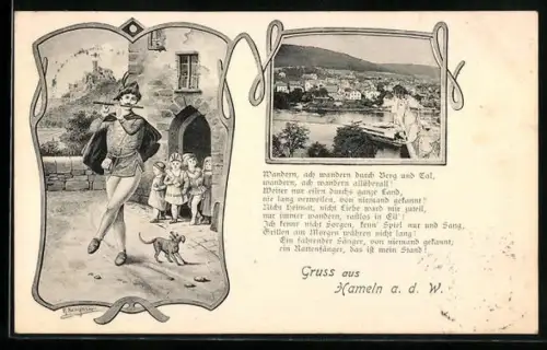 Künstler-AK Hameln a. d. W., Rattenfänger im Ort, Weserpartie