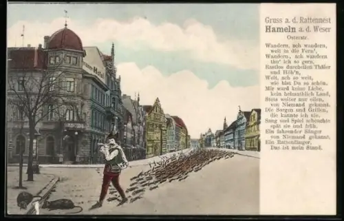 AK Hameln a. d. Weser, Oesterstrasse mit Rattenfänger