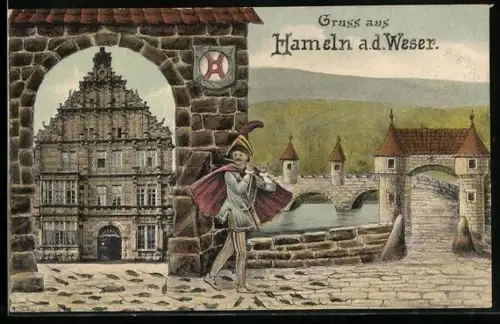 Künstler-AK Hameln a. d. Weser, Rattenfänger lockt die Ratten aus der Stadt