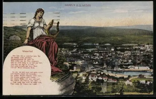 AK Hameln a. d. Weser, Stadtansicht aus der Vogelschau, Weserlied