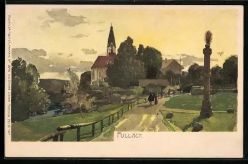 Lithographie Pullach, Blick zur Kirche