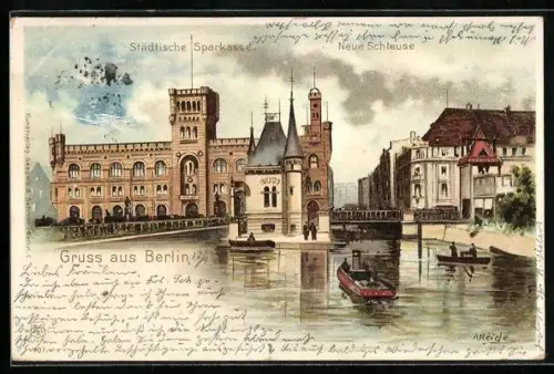 Lithographie Berlin-Tiergarten, Städtische Sparkasse, Neue Schleuse