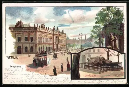 Lithographie Berlin, Zeughaus mit Pferdebahn