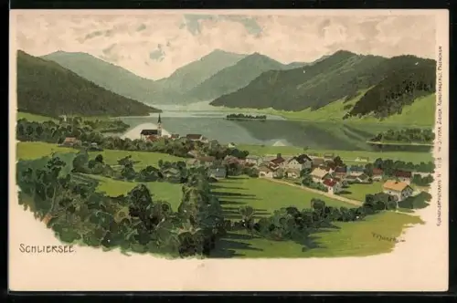 Lithographie Schliersee, Ortsansicht mit Kirche