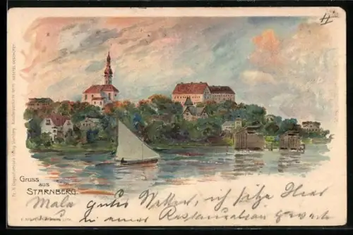 Lithographie Starnberg, Blick vom See aus