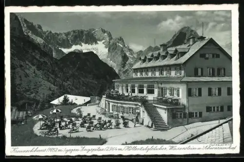 AK Garmisch, Kreuzeckhaus, Zugspitze, Höllentalgletscher, Waxenstein und Schwarzenkopf