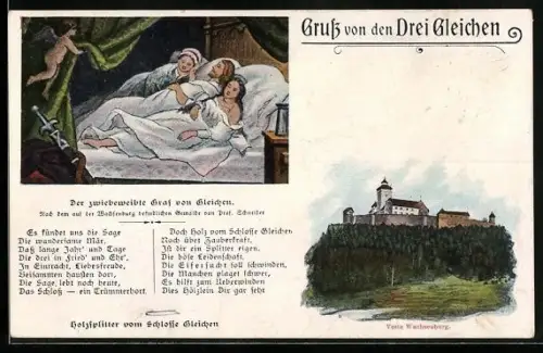 Künstler-AK Drei Gleichen, Vesste Wachsenburg, Der zwiebeweibte Graf von Gleichen, Holzsplitter vom Schlosse Gleichen