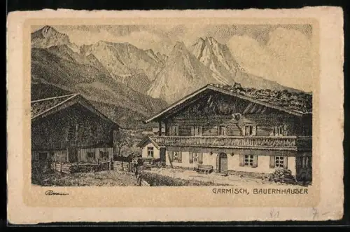 Künstler-AK Garmisch, Bauernhäuser