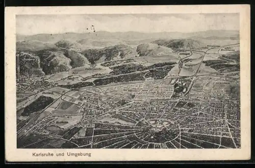 Künstler-AK Karlsruhe, Panorama mit Ettlingen, Durlach und Rüppurr