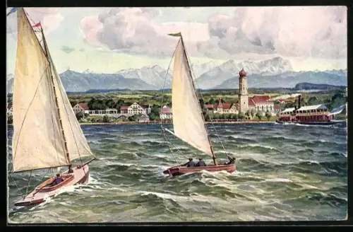 AK Seeshaupt, Ortsansicht über den See, Segelboote, Dampfer