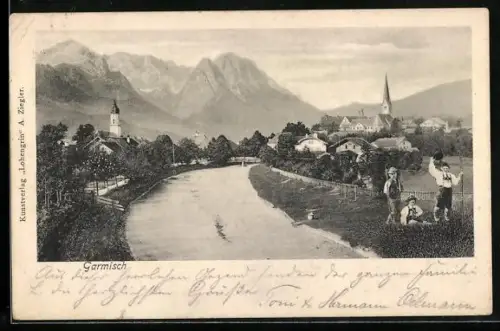 AK Garmisch, Panorama mit Kirche