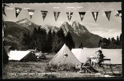 AK Garmisch-Partenkirchen a. d. Bundesstrasse, Camping Alpspitze gegen Zugspitzgruppe, Kreuzeck, Höllental und Waxenstein