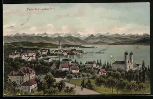 Künstler-AK Friedrichshafen, Teilansicht mit Kirche