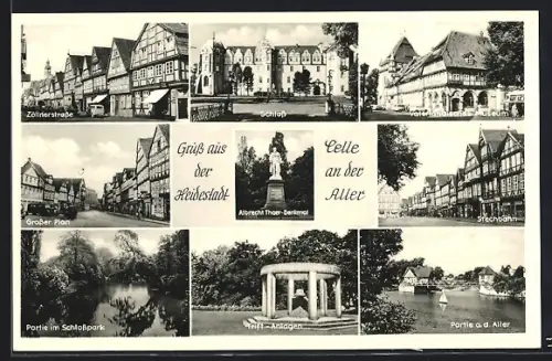 AK Celle an der Aller, Schloss, Zöllnerstrasse, Albrecht-Thaer-Denkmal