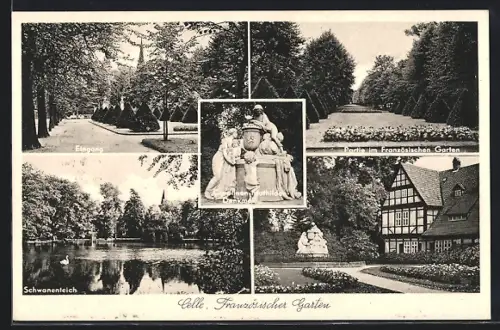 AK Celle, Französischer Garten, Eingang, Schwanenteich, Denkmal