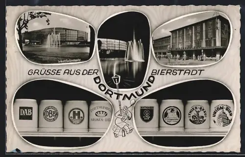 AK Dortmund, Westfalenhalle, Hauptbahnhof, Bierkrüge verschiedener Brauereien