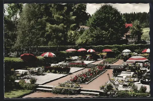 AK Neuhaus im Solling, Hotel Brauner Hirsch, Inh. Ernst Wiegmann, Garten mit Terrasse und Sonnenschirmen