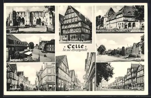 AK Celle, Schloss, Altes Patrizierhaus, Bahnhof, Vaterländisches Museum und Apotheke