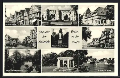 AK Celle an der Aller, Schloss, Zöllnerstrasse, Albrecht-Thaer-Denkmal, Vaterländisches Museum, Stechbahn, Schlosspark