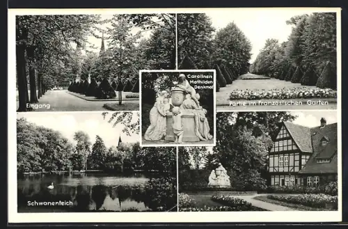 AK Celle, Französischer Garten, Eingang, Schwanenteich, Carolinen-Mathilden-Denkmal