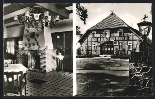 AK Müden /Oertze, Gasthaus und Pension Zum Bauernwald, Inh. E. Dickow, Innen- und Aussenansicht