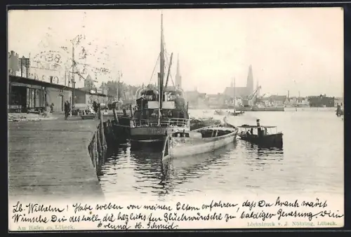 AK Lübeck, Hafenansicht mit Schiffen