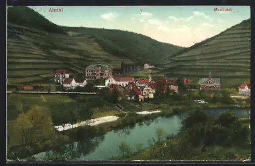 AK Ahrtal /Mariental, Ortsansicht mit Weinbergen und Flusspartie